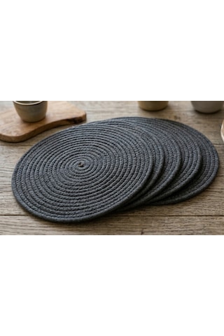 6 Lı Gri Makrome Supla Takımı 32 Cm - Lüks Örgü Amerikan Servis & Tabak Altlığı Antrasit