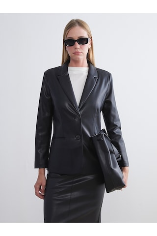 Lcwaıkıkı Classic Siyah Kadın Deri Görünümlü Blazer Ceket