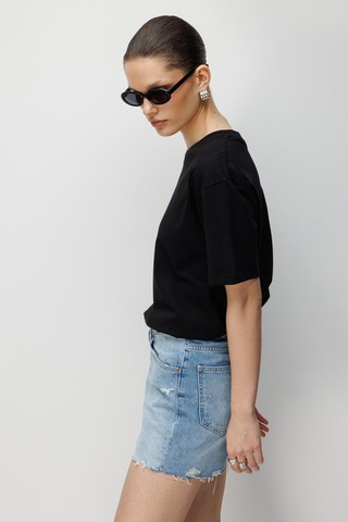 Mixray 4851 Kadın Oversize Fit Bisiklet Yaka Basic T-shirt Siyah Siyah