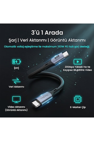 Veggieg 100w 5a Usb 3.2 Gen2 20 Gbps 8k 60hz Type-c Görüntü Şarj Ve Data Kablosu 1 Metre