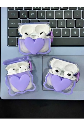 Apple Uyumlu iPhone Pro/pro2 Nesil Koruyucu Bluetooth Kulaklık Kılıfı Figürlü Kalp Mor Airpods Pro/pro2 Nesil