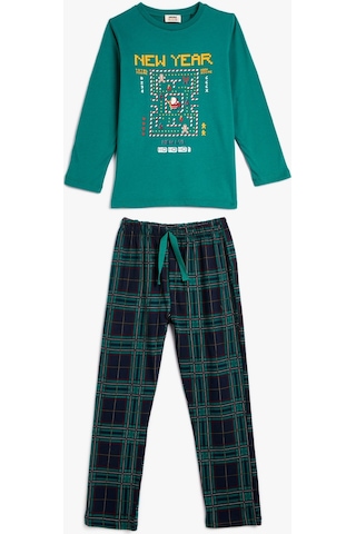 Koton Yılbaşı Temalı Pijama Takımı Baskılı Uzun Kollu Pamuklu Yeşil 4wlm40004mk 4WLM40004MK980 Yeşil