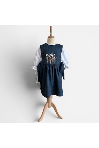 Bebe Nakış İşlemeli Denim Kot Elbise Seti Mavi