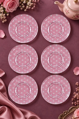 6 Lı Cam Çay Tabağı Pembe Puantiyeli 12 Cm 6 Adet Çay Tabak