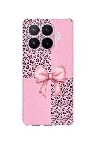 Xiaomi 17t Pro Uyumlu Pembe Leopar Desenli Ve Kurdele Baskılı Silikon Kılıf