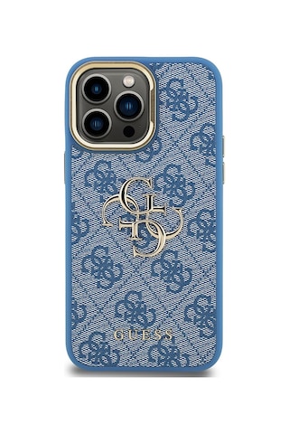Apple iPhone 13 Pro Max Uyumlu Kılıf Guess Lisanslı Metal 4g Ve Yazı Logolu Kamera Standlı Kapak Mavi