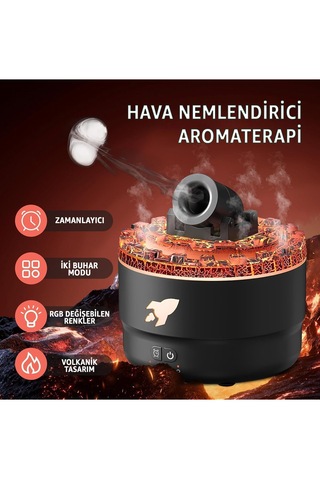 Volkanik Lav Efektli, Topçu Tasarım, Rgb Değişebilen Renk, Aromaterapi Hava Nemlendirici