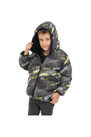 Erkek Çocuk Sarı Siyah Dijital Desen Içi Polar Su Ve Rüzgar Geçirmez Kapüşonlu Şişme Kışlık Mont Sarı - Siyah