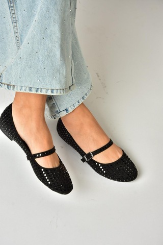 Fox Shoes U726634504 Siyah Kumaş Taş Detaylı Babet Siyah-kumaş Siyah