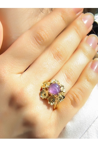 Esha Store Doğal Taş Ametist Doğal Taşlı Çiçek Model Telkari Kadın Ayarlanabilir Altın Kaplama Yüzük Euy61amtg MOR