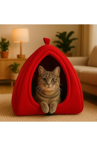 Kedi Mağarası Siyah Polar Kedi Ve Köpek Yatağı Yumuşak Ve Sıcak Evcil Hayvan Yatak Minderi Kırmızı