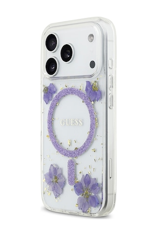 Apple Uyumlu iPhone 17 Pro Kılıf Guess Lisanslı M-safe Şarj Özellikli Transparan Resin Flowers Kapak Mor Mor