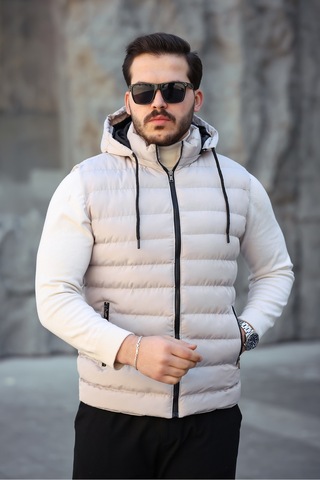Mero Life Erkek Bej Standart Fit Çıkarılır Kapüşonlu Cepli Fermuarlı Şişme Yelek