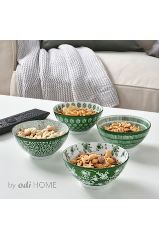 4 Adet Yeşil Desenli Modern Tasarım Çerezlik Porselen Kase 12 Cm yeşil