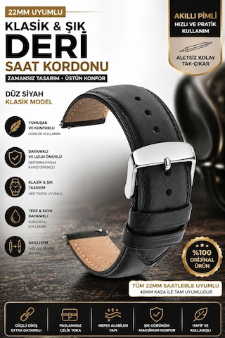 22mm Saat Uyumlu Düz Siyah Klasik Model Deri Saat Kordonu Kayışı 46mm Akıllı Pimli Diğer
