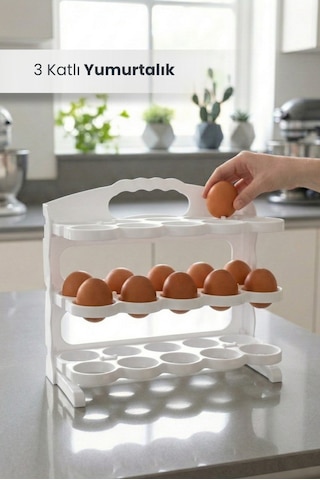 3 Katlı Yumurtalık 30 Bölmeli Yumurta Kutusu Buzdolabı Organizer Kutu Beyaz