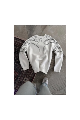Butik İstanbul Yıldırım Baskılı Bisiklet Yaka Sweatshirt - Beyaz