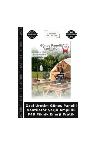 Özel Üretim Güneş Panelli Vantilatör Şarjlı Ampüllü F48 Piknik Enerji Pratik