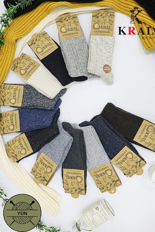 Erkek Kışlık 6 Çift Lambswool Yün Çorap Termal Etkili Ebruli Asorti