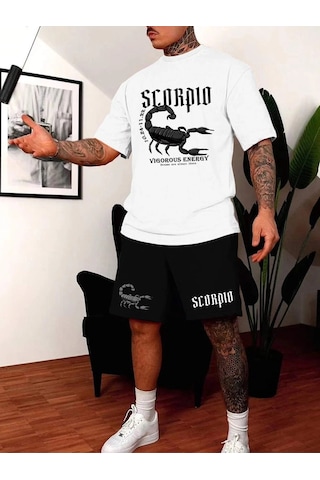 Unisex Oversize Scorpıon Baskılı Siyah Bisiklet Yaka Beyaz T-shirt Siyah Şort Siyah