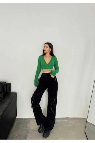 Kene Jeans Yüksek Bel Bacak Yıldızlı Bol Paça Jeans Siyah
