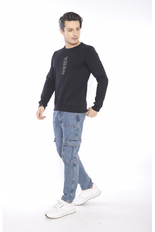 Escetic Erkek Spor Slimfit, Bisiklet Yaka Siyah Sweatshirt-4271 Siyah