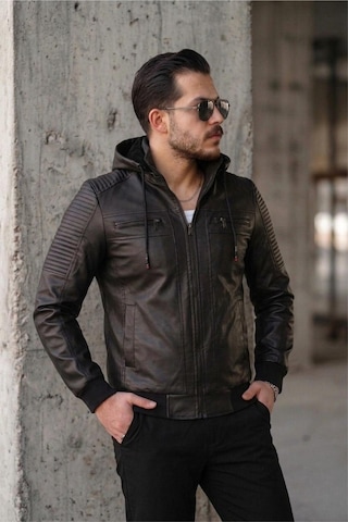 Oksit Kegg Erkek Siyah Slim Fit Kapüşonlu Omuz Detaylı Suni Deri Ceket
