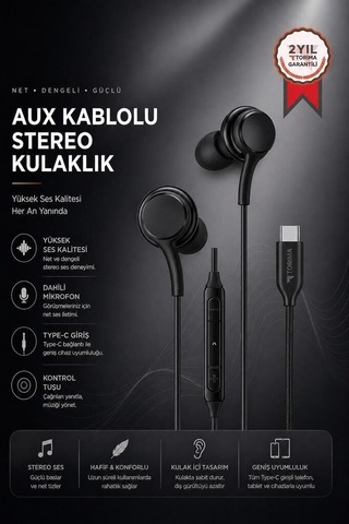 Premium Çağrı Gereci Müzik Dinleme Ses İletimi Kablolu Kulaklık Type-c S11+ Siyah S11+