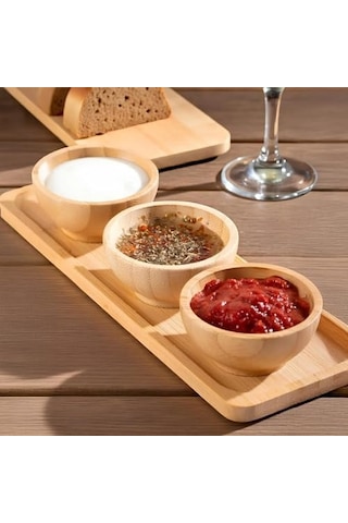 Doğal Bambu Standlı 3&apos Lü Yuvarlak Sosluk Ve Çerezlik Seti 20x6,5 Cm - Kahvaltılık İkramlık Takımı