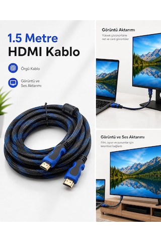 Örgülü Hdmı Kablo, Görüntü Ve Ses Aktarım Kablosu, 1.5 Metre