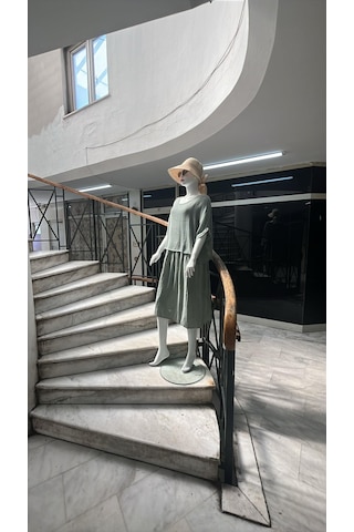 İtalyan Müslin Keteni Üstü File Bluzlu Astarlı Tek Parça Elbise-9256 Su Yeşili