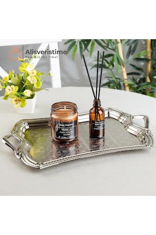 Alisveristime Osmanlı Motifli Dikdörtgen Metal Servis Tepsisi Kulplu 2 Kişilik Sunum Tepsisi, 37 X 23 Cm, 373 G,