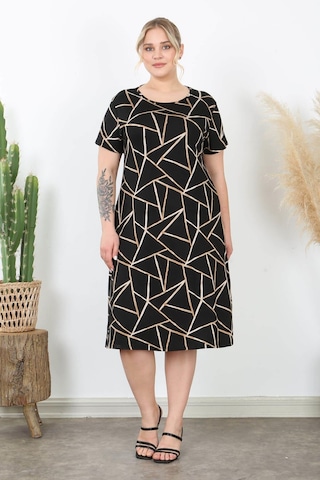 Kadın Siyah Bej Geometrik Desen Midi Elbise Siyah Bej Bej - Siyah