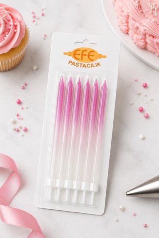 Metalik Beyaz Fuşya Uzun Pasta Mumu 17 Cm Karışık