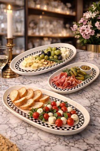 Damalı Kuşlu 3 Lü Kayık Tabak Beyaz - Siyah