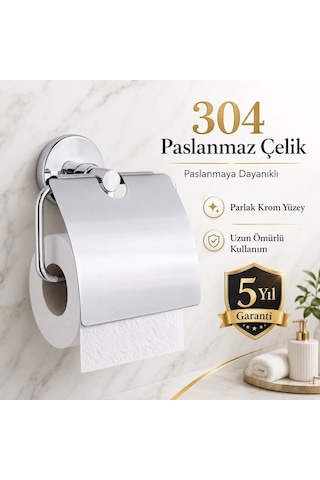 Alper Banyo Kapaklı Tuvalet Kağıtlığı, 304 Paslanmaz Çelik, Krom Kaplama Wc Kağıtlık, Yapışkanlı Ve Vidalı Diğer