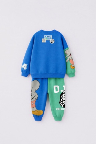 Çocuk Magu Ve Milo Baskılı Mavi Yeşil Sweatshirt Ve Eşofman Altı Takımı Çok Renkli