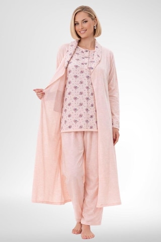 Mecit Pijama Mecit 6316 Pudra Kadın Büyük Beden Sabahlıklı Pijama Takımı Pudra