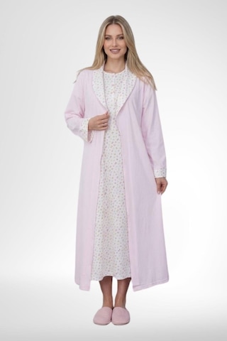 Mecit Pijama Mecit 6383 Pembe Kadın Uzun Sabahlıklı Kısa Kollu Gecelik Takımı