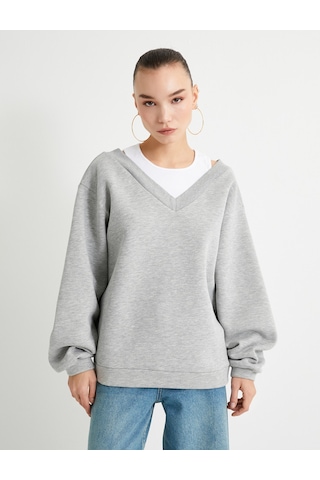 Koton Rahat Kalıp Atlet Detaylı Uzun Kollu Bisiklet Yaka Şardonlu Sweatshirt Gri Melanj 7wal10050ık