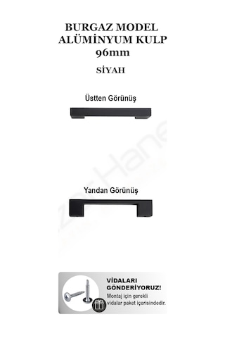 Burgaz Model Alüminyum Lüks Mobilya Dolap Çekmece Kulpu - Siyah 96/128/160/192/224mm Ölçü Seçenekleri Montaj Vidaları Dahil Siyah 96mm