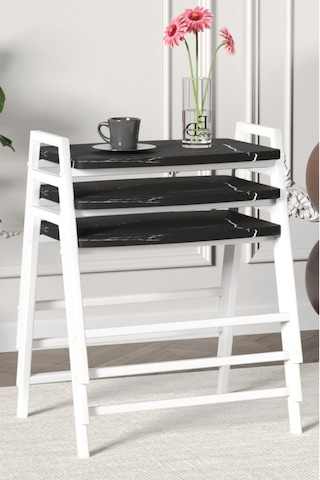 Zigon Sehpa , Aden 3'lü Tepsi Zigon Sehpa Takımı Beyaz Metal - Siyah Mermer Tabla Beyaz-siyah Mermer