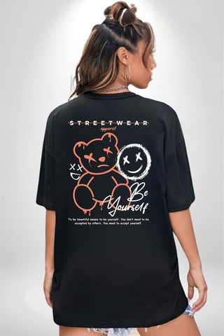 Yükseliş İçin Kendin Ol Siyah Oversize Unisex Ön Ve Sırt Baskılı Tişört Siyah