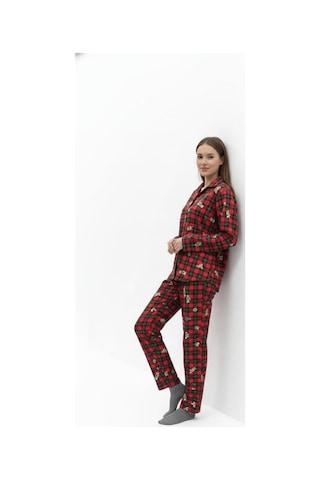 Kadın Kırmızı Ayıcık Desenli Düğmeli Uzun Kollu Pijama Takımı Kırmızı