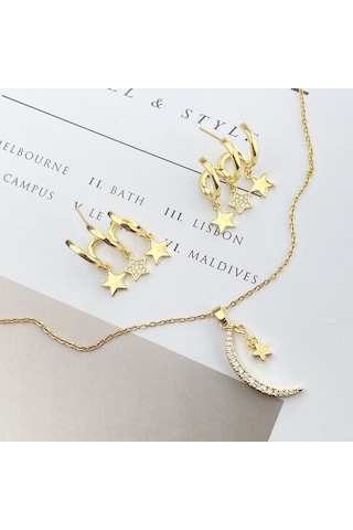 Ay Yıldızlı Kolye Küpe Seti Gold Renk Zirkon Taşlı Kadın Kolye Küpe Set 45cm Gold