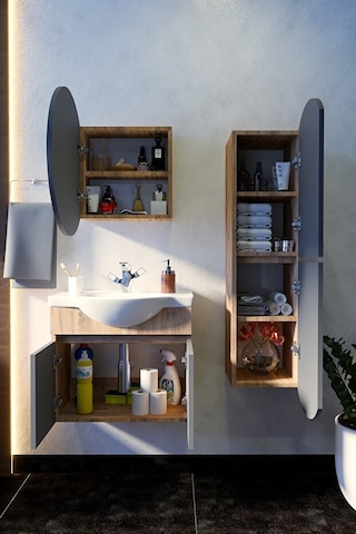 Makbulce Erciyes Havlu Dolaplı 65cm Seramik Lavabolu Mdf Oval Aynalı Banyo Dolabı Atlantik Çam Antrasit Gri