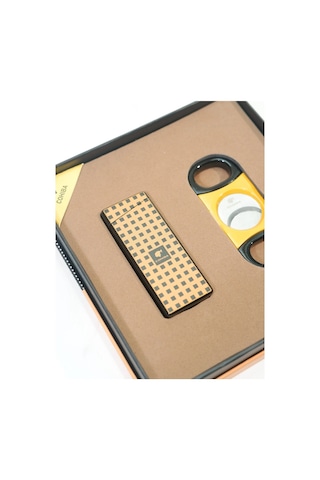 Cohiba Tek Torch Dama Desenli Çakmak Sarı Siyah Kesici İkili Puro Seti Tr9843