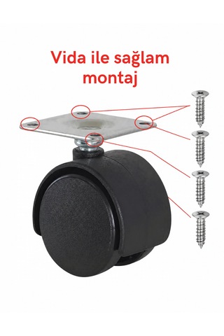 4'lü Set Kilitsiz 5cm Tekerlek Masa Dolap Taşıma Aparatı Tekeri Siyah 4 Adet