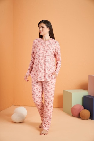 Pjs Kadın Düğmeli Yaka Çiçek Desenli Uzun Kollu Pijama Takım Pembe