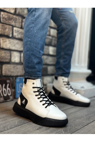 Ba0155 Bağcıklı Erkek Yüksek Taban Beyaz Siyah Taban Spor Bot Beyaz